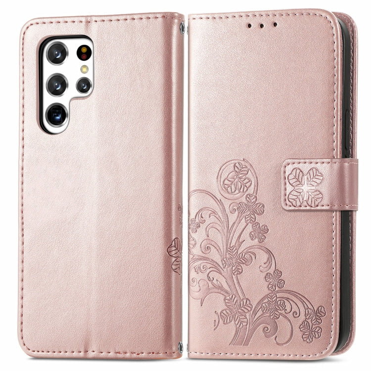 For Samsung Galaxy S22 Ultra 5G Four-leaf Clasp Embossed Leather Phone Case with Lanyard & Card Slot & Wallet & Bracket Function