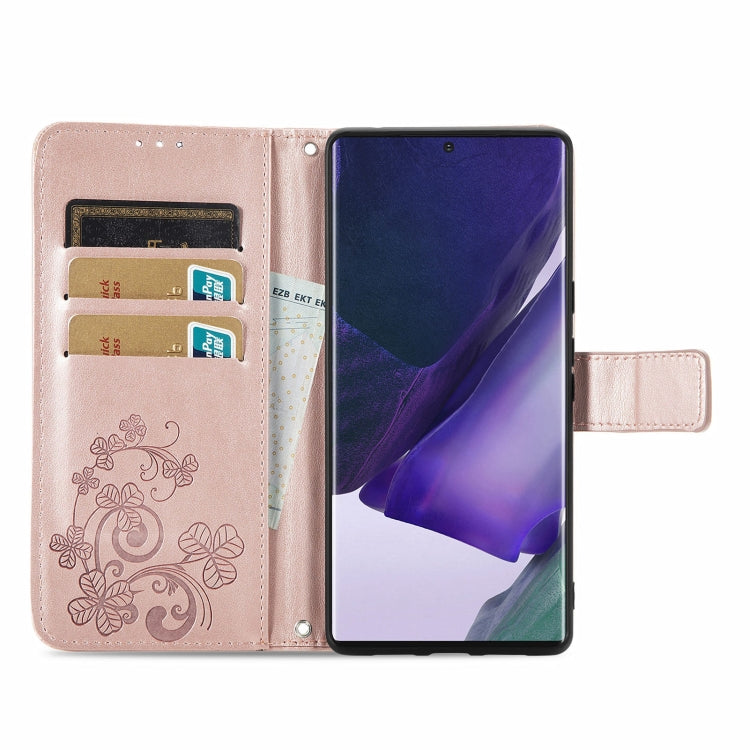 For Samsung Galaxy S22 Ultra 5G Four-leaf Clasp Embossed Leather Phone Case with Lanyard & Card Slot & Wallet & Bracket Function