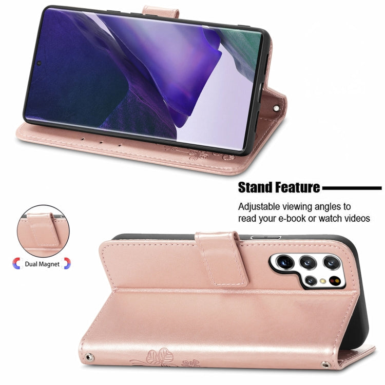 For Samsung Galaxy S22 Ultra 5G Four-leaf Clasp Embossed Leather Phone Case with Lanyard & Card Slot & Wallet & Bracket Function