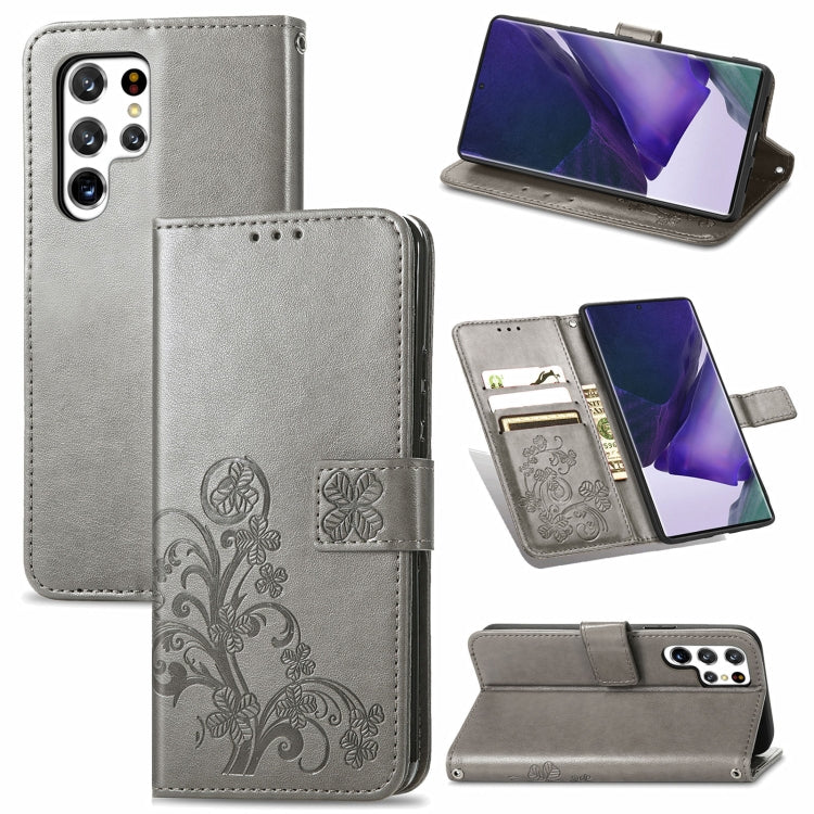 For Samsung Galaxy S22 Ultra 5G Four-leaf Clasp Embossed Leather Phone Case with Lanyard & Card Slot & Wallet & Bracket Function