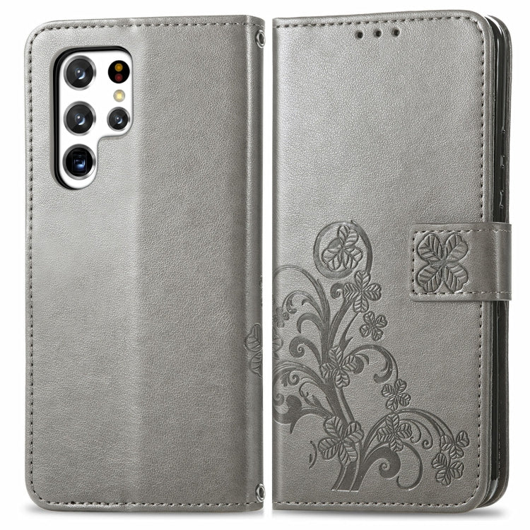 For Samsung Galaxy S22 Ultra 5G Four-leaf Clasp Embossed Leather Phone Case with Lanyard & Card Slot & Wallet & Bracket Function