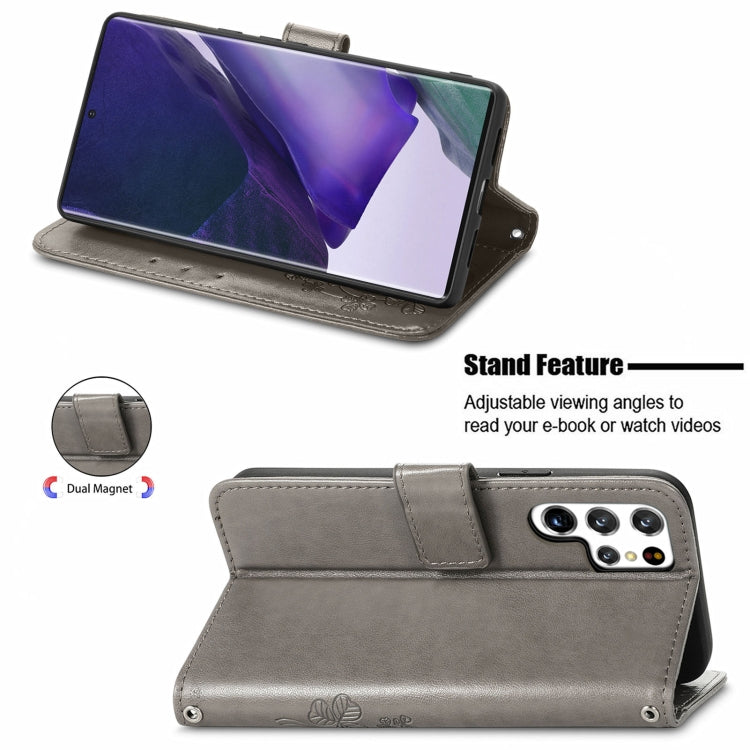 For Samsung Galaxy S22 Ultra 5G Four-leaf Clasp Embossed Leather Phone Case with Lanyard & Card Slot & Wallet & Bracket Function