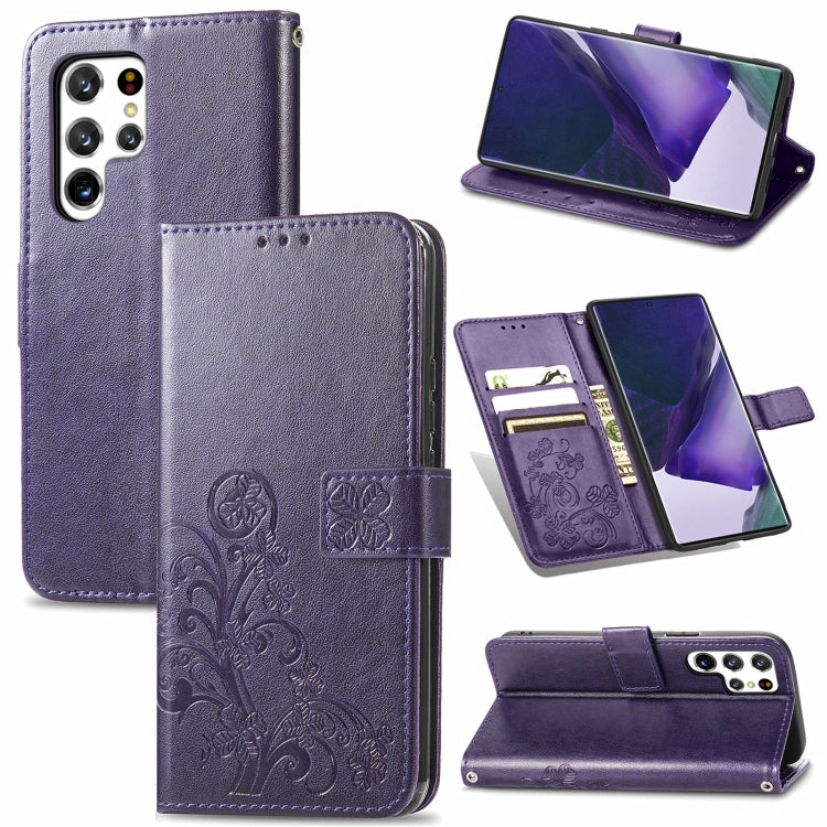 For Samsung Galaxy S22 Ultra 5G Four-leaf Clasp Embossed Leather Phone Case with Lanyard & Card Slot & Wallet & Bracket Function