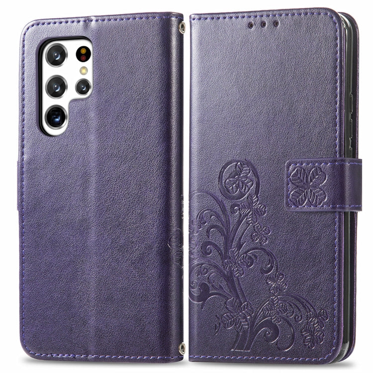 For Samsung Galaxy S22 Ultra 5G Four-leaf Clasp Embossed Leather Phone Case with Lanyard & Card Slot & Wallet & Bracket Function