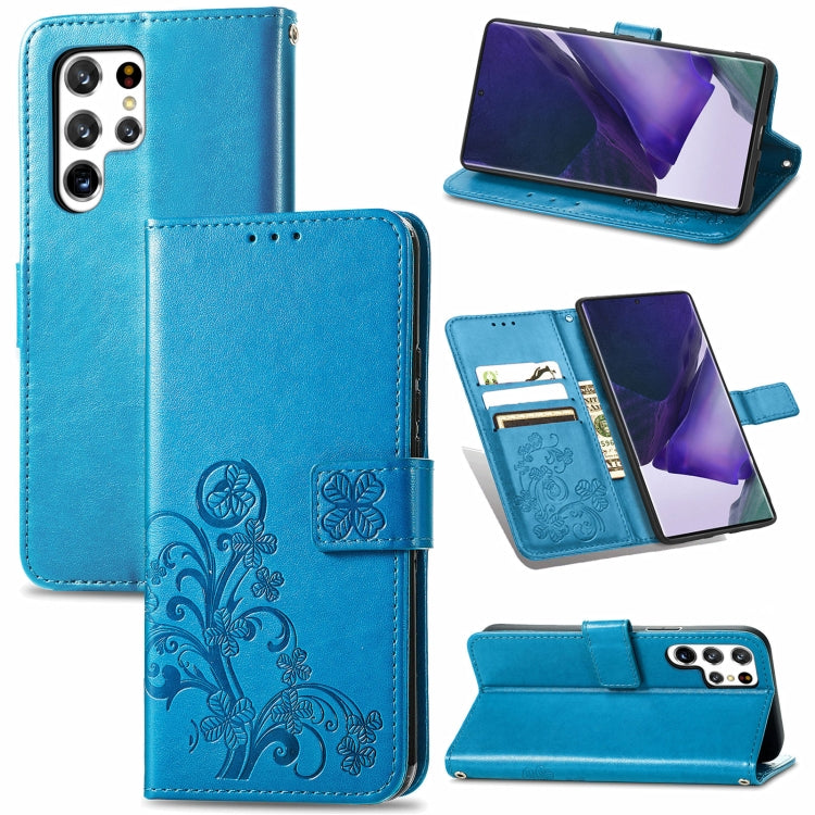 For Samsung Galaxy S22 Ultra 5G Four-leaf Clasp Embossed Leather Phone Case with Lanyard & Card Slot & Wallet & Bracket Function