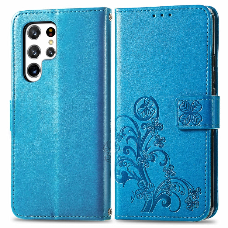 For Samsung Galaxy S22 Ultra 5G Four-leaf Clasp Embossed Leather Phone Case with Lanyard & Card Slot & Wallet & Bracket Function