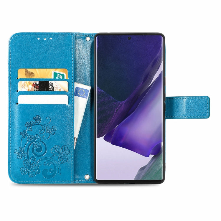For Samsung Galaxy S22 Ultra 5G Four-leaf Clasp Embossed Leather Phone Case with Lanyard & Card Slot & Wallet & Bracket Function