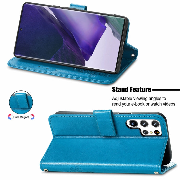 For Samsung Galaxy S22 Ultra 5G Four-leaf Clasp Embossed Leather Phone Case with Lanyard & Card Slot & Wallet & Bracket Function