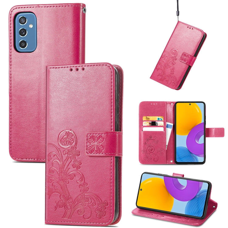 For Samsung Galaxy M52  5G Four-leaf Clasp Embossed Leather Phone Case with Lanyard & Card Slot & Wallet & Bracket Function