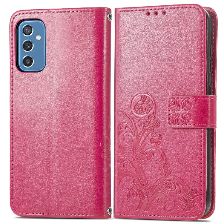 For Samsung Galaxy M52  5G Four-leaf Clasp Embossed Leather Phone Case with Lanyard & Card Slot & Wallet & Bracket Function