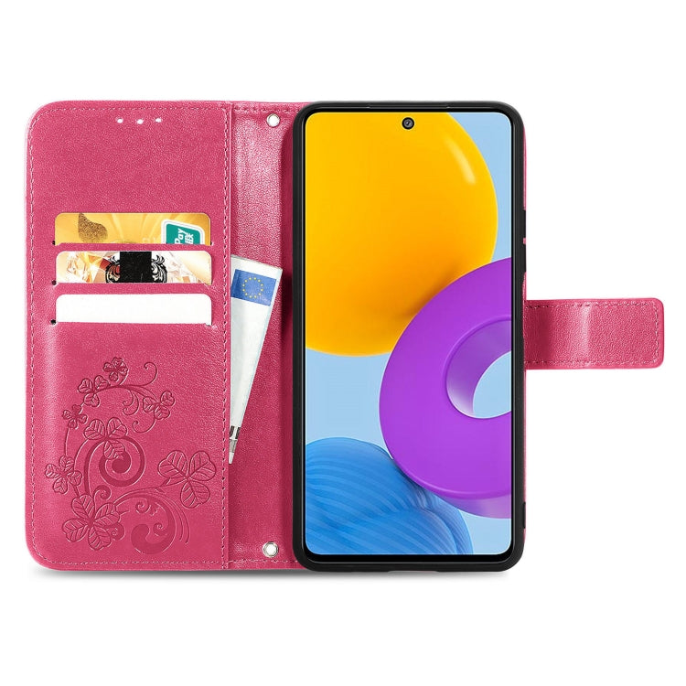 For Samsung Galaxy M52  5G Four-leaf Clasp Embossed Leather Phone Case with Lanyard & Card Slot & Wallet & Bracket Function