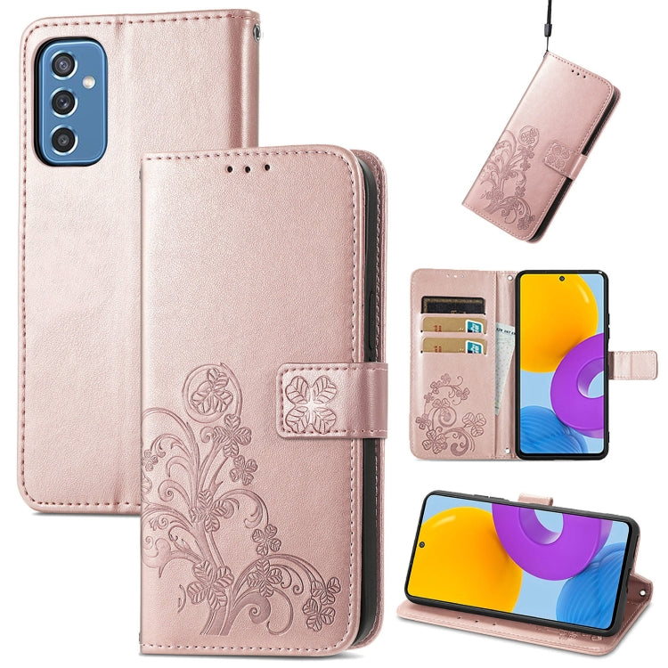 For Samsung Galaxy M52  5G Four-leaf Clasp Embossed Leather Phone Case with Lanyard & Card Slot & Wallet & Bracket Function
