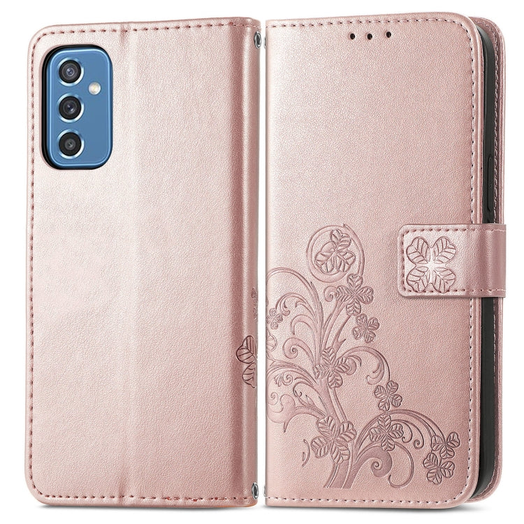 For Samsung Galaxy M52  5G Four-leaf Clasp Embossed Leather Phone Case with Lanyard & Card Slot & Wallet & Bracket Function