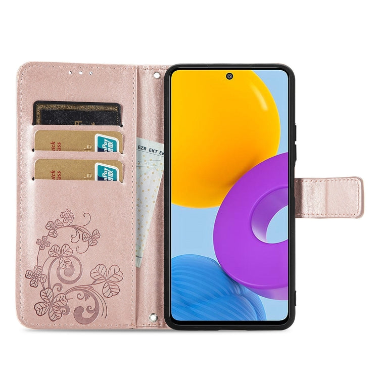 For Samsung Galaxy M52  5G Four-leaf Clasp Embossed Leather Phone Case with Lanyard & Card Slot & Wallet & Bracket Function