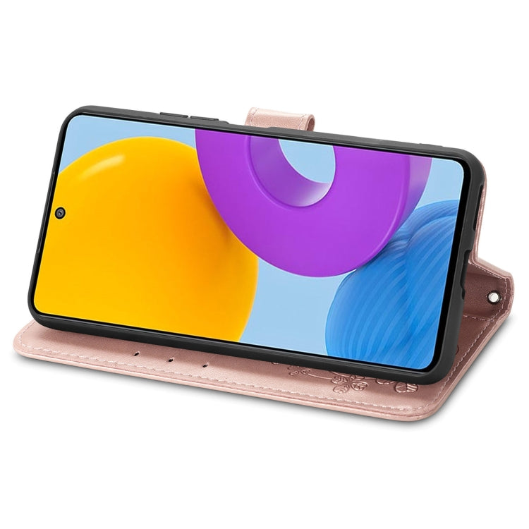 For Samsung Galaxy M52  5G Four-leaf Clasp Embossed Leather Phone Case with Lanyard & Card Slot & Wallet & Bracket Function