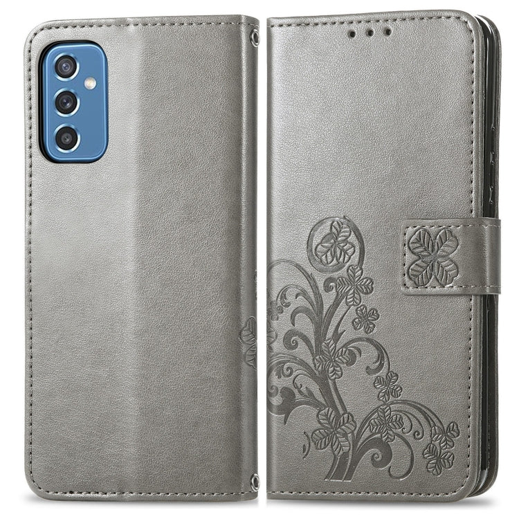 For Samsung Galaxy M52  5G Four-leaf Clasp Embossed Leather Phone Case with Lanyard & Card Slot & Wallet & Bracket Function