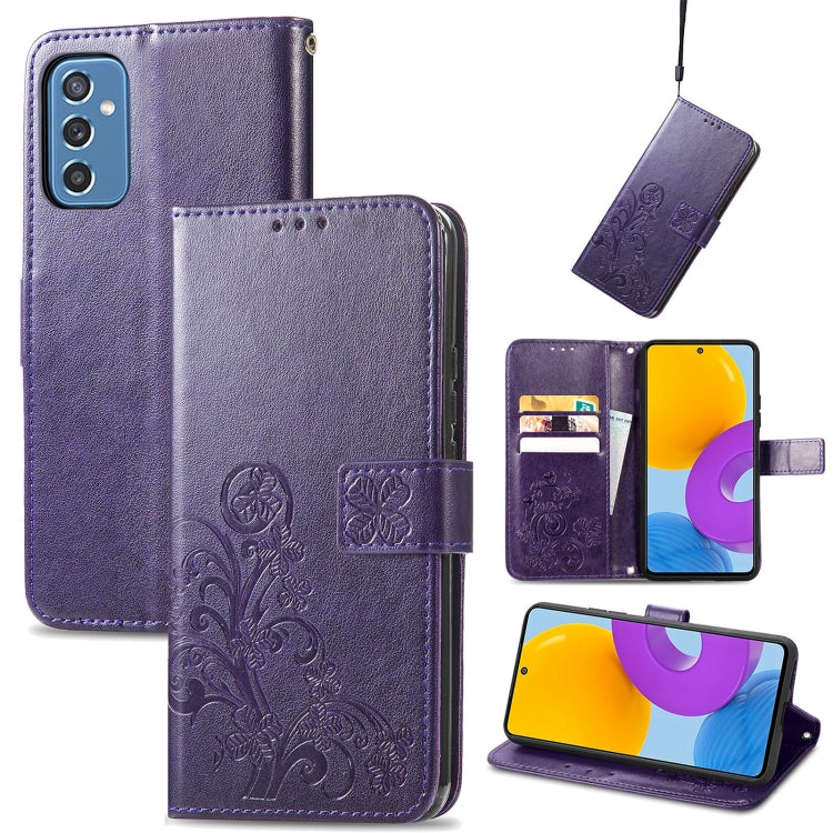 For Samsung Galaxy M52  5G Four-leaf Clasp Embossed Leather Phone Case with Lanyard & Card Slot & Wallet & Bracket Function
