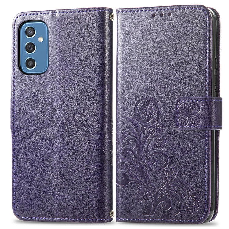 For Samsung Galaxy M52  5G Four-leaf Clasp Embossed Leather Phone Case with Lanyard & Card Slot & Wallet & Bracket Function