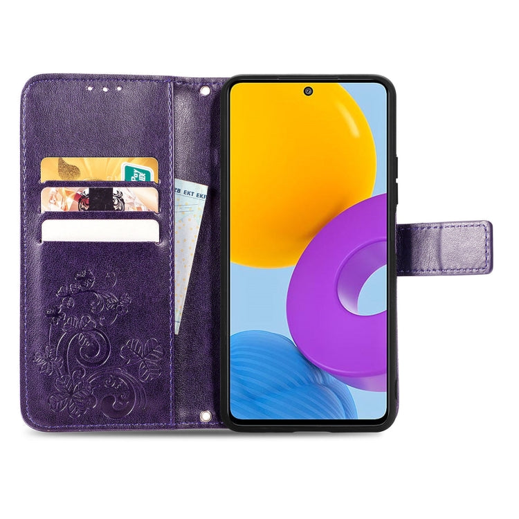 For Samsung Galaxy M52  5G Four-leaf Clasp Embossed Leather Phone Case with Lanyard & Card Slot & Wallet & Bracket Function