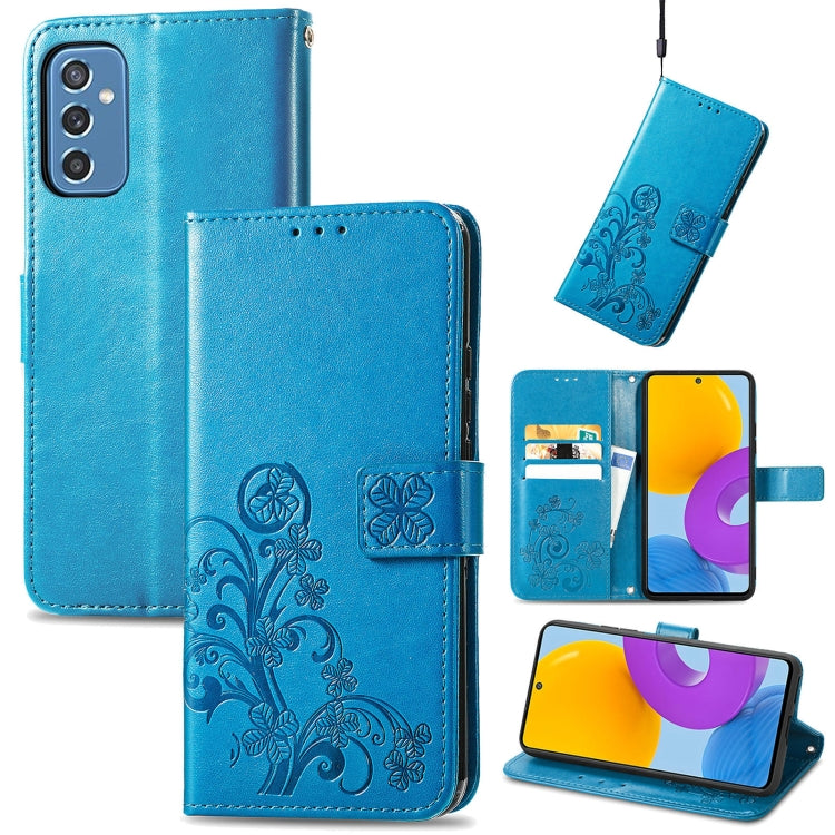 For Samsung Galaxy M52  5G Four-leaf Clasp Embossed Leather Phone Case with Lanyard & Card Slot & Wallet & Bracket Function