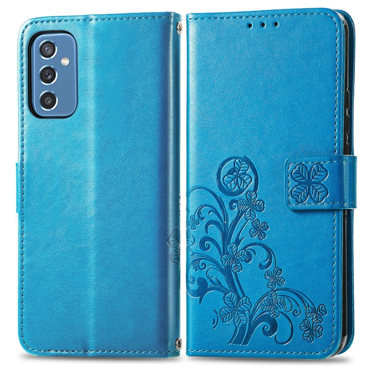 For Samsung Galaxy M52  5G Four-leaf Clasp Embossed Leather Phone Case with Lanyard & Card Slot & Wallet & Bracket Function