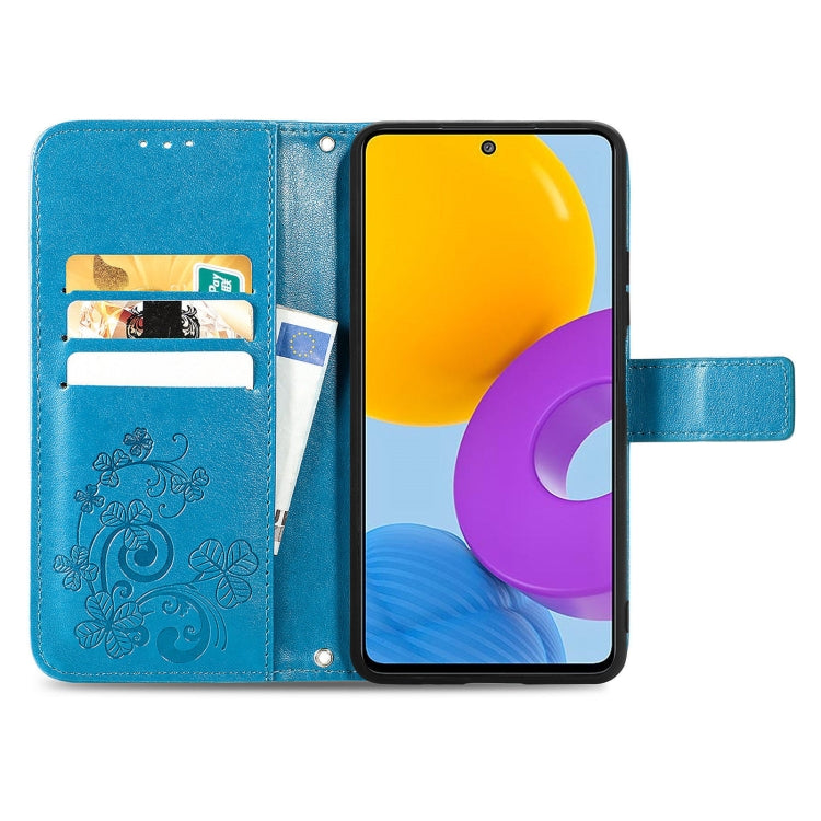 For Samsung Galaxy M52  5G Four-leaf Clasp Embossed Leather Phone Case with Lanyard & Card Slot & Wallet & Bracket Function
