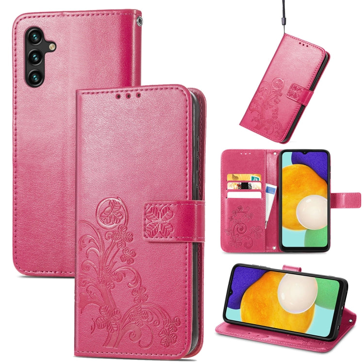 For Samsung Galaxy A13 5G Four-leaf Clasp Embossed Leather Phone Case with Lanyard & Card Slot & Wallet & Bracket Function