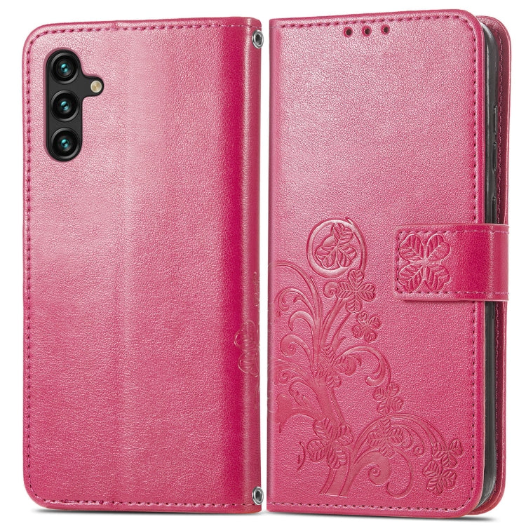 For Samsung Galaxy A13 5G Four-leaf Clasp Embossed Leather Phone Case with Lanyard & Card Slot & Wallet & Bracket Function