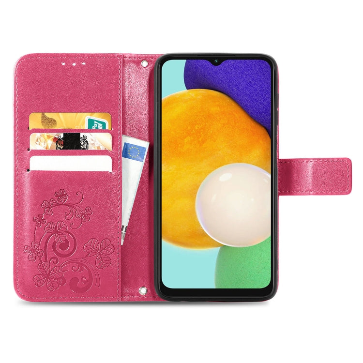 For Samsung Galaxy A13 5G Four-leaf Clasp Embossed Leather Phone Case with Lanyard & Card Slot & Wallet & Bracket Function