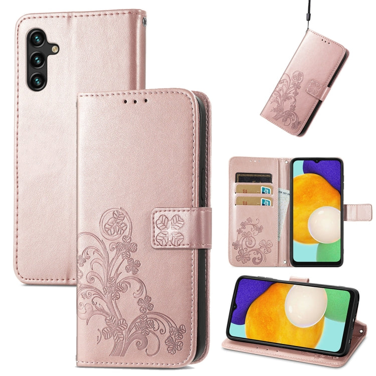 For Samsung Galaxy A13 5G Four-leaf Clasp Embossed Leather Phone Case with Lanyard & Card Slot & Wallet & Bracket Function