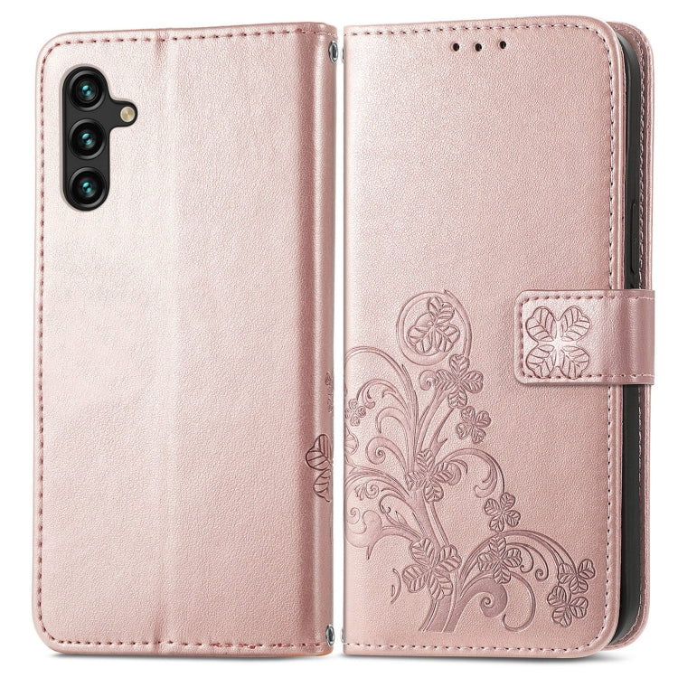 For Samsung Galaxy A13 5G Four-leaf Clasp Embossed Leather Phone Case with Lanyard & Card Slot & Wallet & Bracket Function