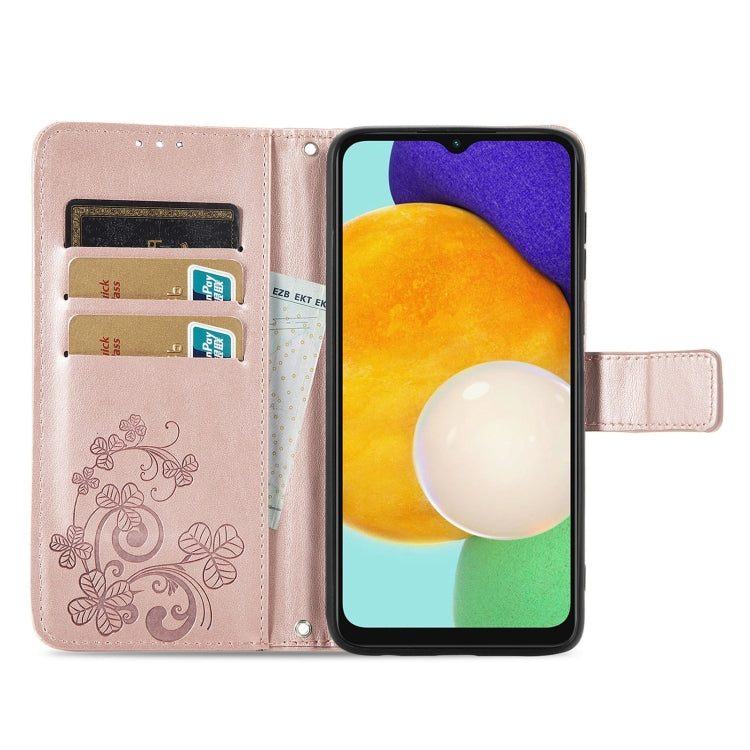 For Samsung Galaxy A13 5G Four-leaf Clasp Embossed Leather Phone Case with Lanyard & Card Slot & Wallet & Bracket Function