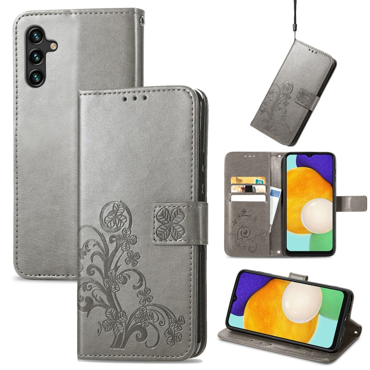 For Samsung Galaxy A13 5G Four-leaf Clasp Embossed Leather Phone Case with Lanyard & Card Slot & Wallet & Bracket Function