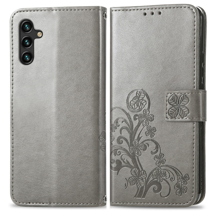 For Samsung Galaxy A13 5G Four-leaf Clasp Embossed Leather Phone Case with Lanyard & Card Slot & Wallet & Bracket Function