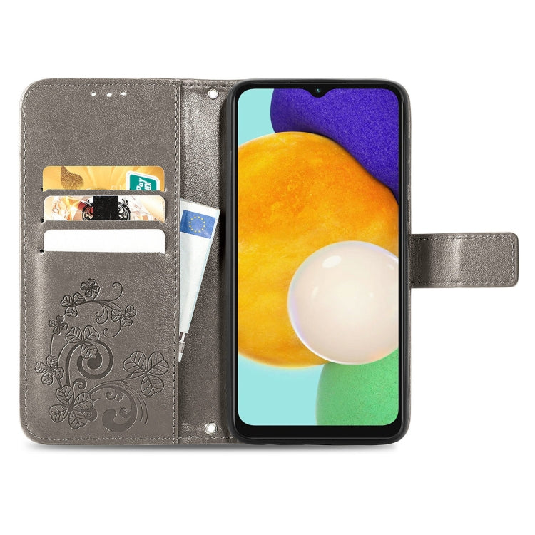 For Samsung Galaxy A13 5G Four-leaf Clasp Embossed Leather Phone Case with Lanyard & Card Slot & Wallet & Bracket Function