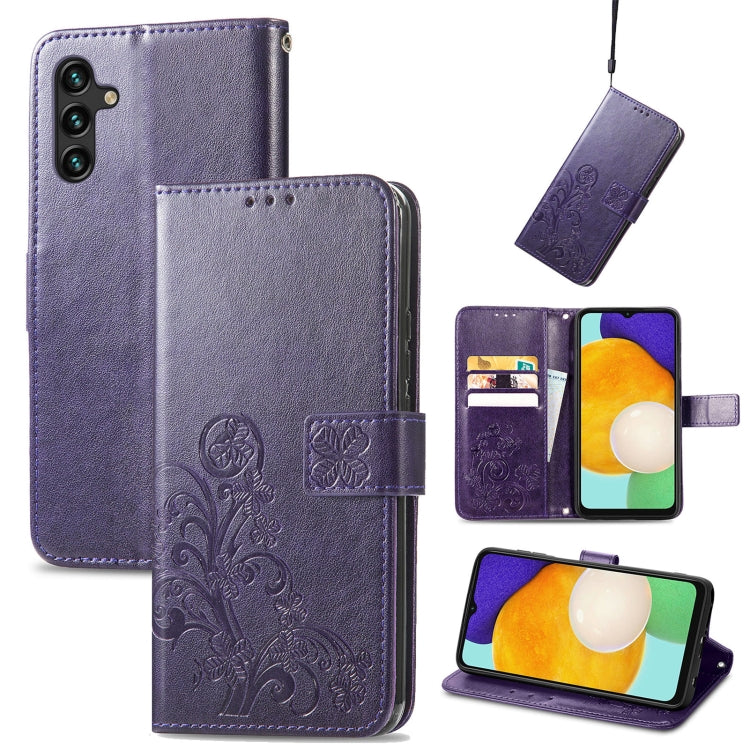 For Samsung Galaxy A13 5G Four-leaf Clasp Embossed Leather Phone Case with Lanyard & Card Slot & Wallet & Bracket Function
