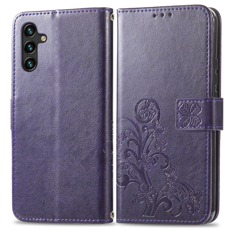 For Samsung Galaxy A13 5G Four-leaf Clasp Embossed Leather Phone Case with Lanyard & Card Slot & Wallet & Bracket Function