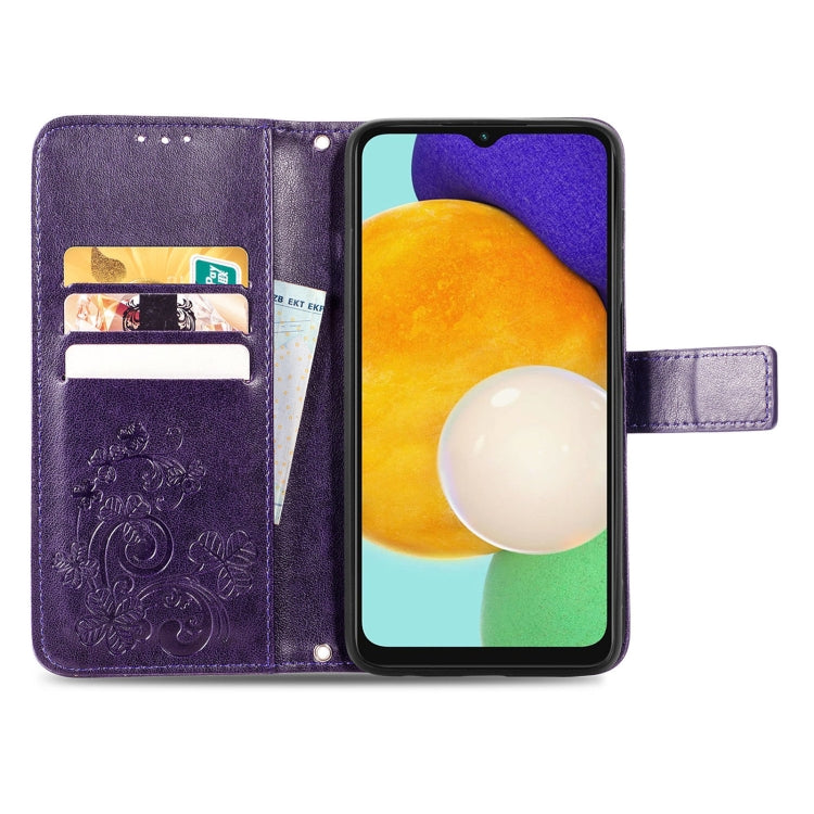 For Samsung Galaxy A13 5G Four-leaf Clasp Embossed Leather Phone Case with Lanyard & Card Slot & Wallet & Bracket Function