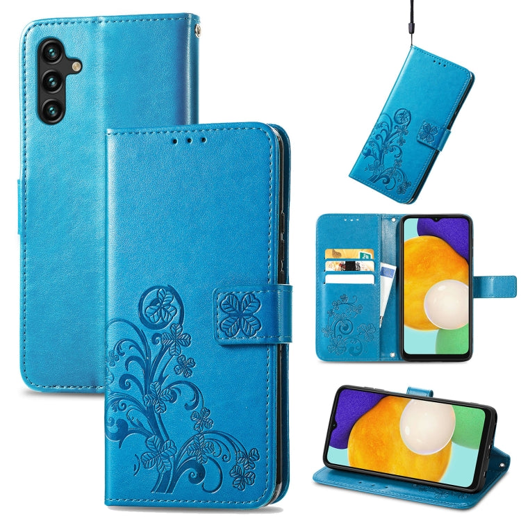 For Samsung Galaxy A13 5G Four-leaf Clasp Embossed Leather Phone Case with Lanyard & Card Slot & Wallet & Bracket Function