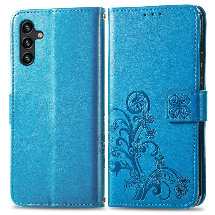 For Samsung Galaxy A13 5G Four-leaf Clasp Embossed Leather Phone Case with Lanyard & Card Slot & Wallet & Bracket Function