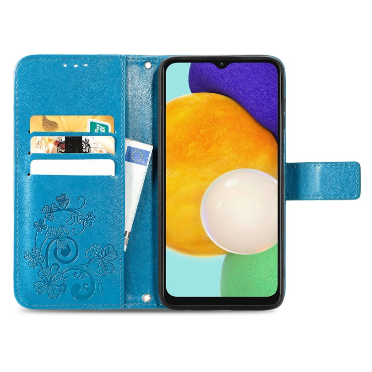 For Samsung Galaxy A13 5G Four-leaf Clasp Embossed Leather Phone Case with Lanyard & Card Slot & Wallet & Bracket Function