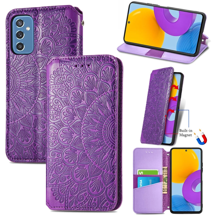 For Samsung Galaxy M52 5G Blooming Mandala Embossed Magnetic Horizontal Flip Leather Case with Holder & Card Slots & Wallet