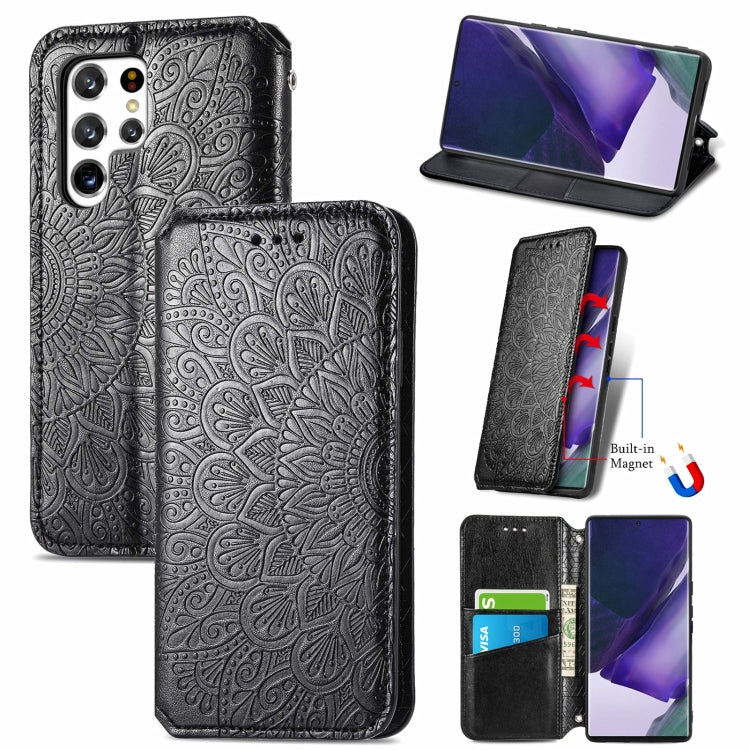 For Samsung Galaxy S22 Ultra 5G Blooming Mandala Embossed Magnetic Horizontal Flip Leather Case with Holder & Card Slots & Wallet