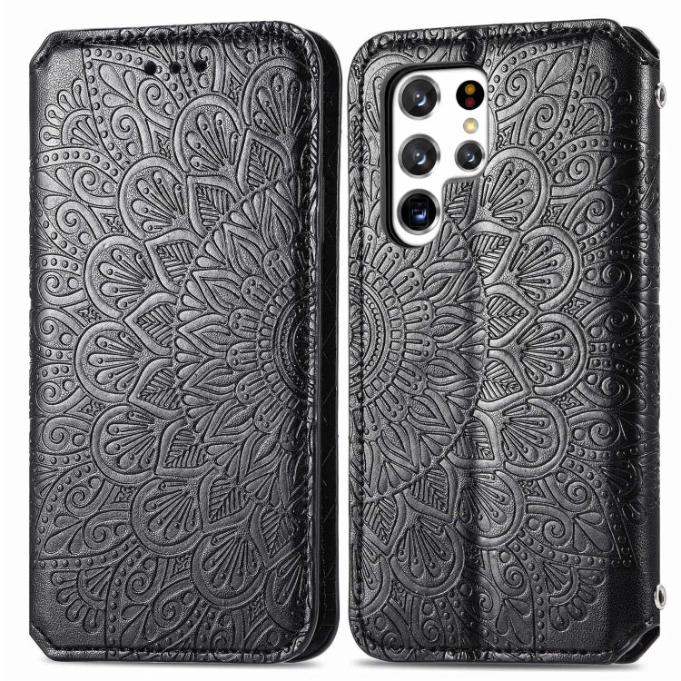 For Samsung Galaxy S22 Ultra 5G Blooming Mandala Embossed Magnetic Horizontal Flip Leather Case with Holder & Card Slots & Wallet