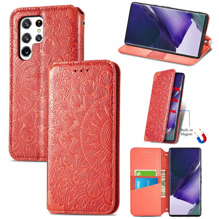 For Samsung Galaxy S22 Ultra 5G Blooming Mandala Embossed Magnetic Horizontal Flip Leather Case with Holder & Card Slots & Wallet