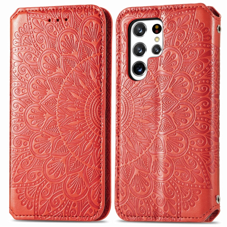 For Samsung Galaxy S22 Ultra 5G Blooming Mandala Embossed Magnetic Horizontal Flip Leather Case with Holder & Card Slots & Wallet