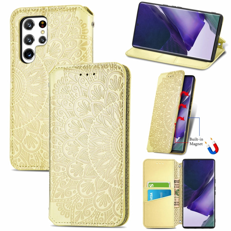 For Samsung Galaxy S22 Ultra 5G Blooming Mandala Embossed Magnetic Horizontal Flip Leather Case with Holder & Card Slots & Wallet