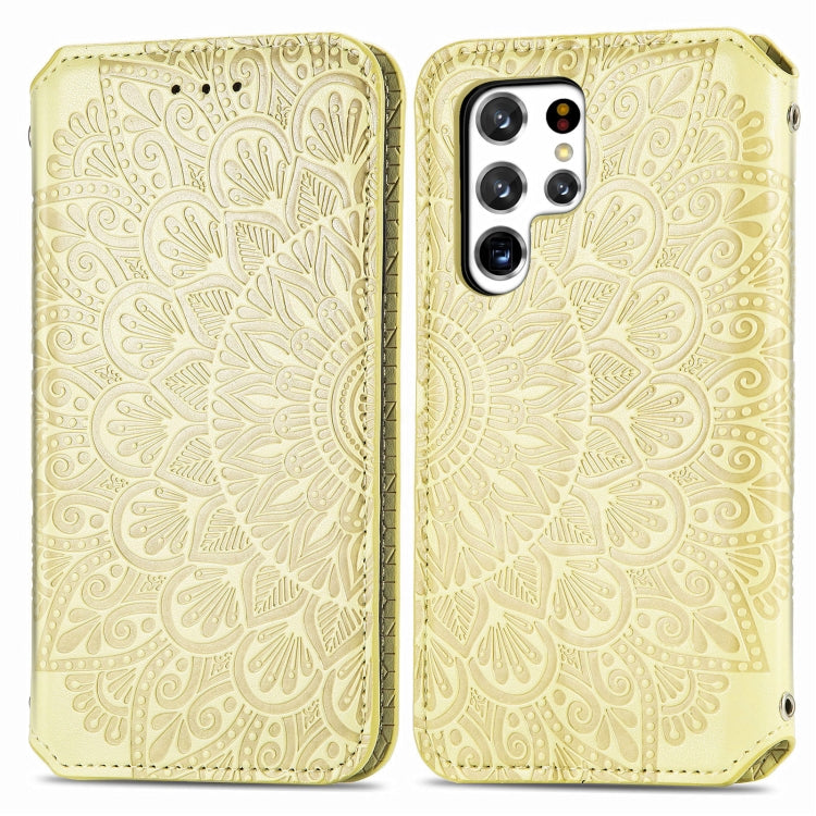 For Samsung Galaxy S22 Ultra 5G Blooming Mandala Embossed Magnetic Horizontal Flip Leather Case with Holder & Card Slots & Wallet