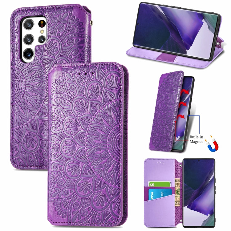 For Samsung Galaxy S22 Ultra 5G Blooming Mandala Embossed Magnetic Horizontal Flip Leather Case with Holder & Card Slots & Wallet