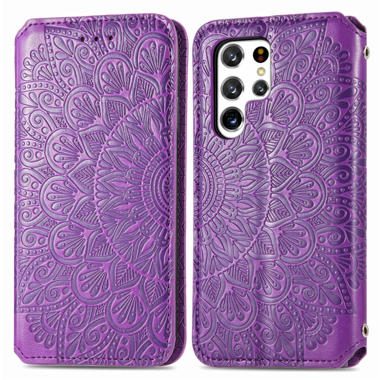 For Samsung Galaxy S22 Ultra 5G Blooming Mandala Embossed Magnetic Horizontal Flip Leather Case with Holder & Card Slots & Wallet